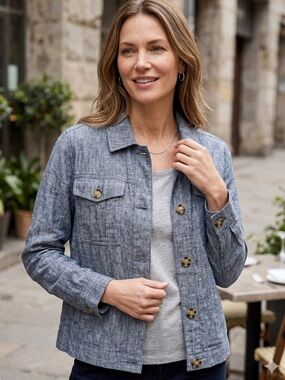 J. Jill Linen Chambray Jean Work Jacket Utility Layer Shacket Light Sustainable